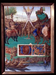 Sankt Andres martyr korsfäster miniatyr från "The Book of Hours of Stephen Chevalier" av Jean Fouquet (1420-1477/1481)