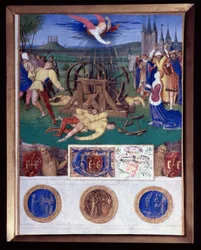 Katarina av Alexandrias martyrskap Miniatyr taget från "The Book of Hours of Etienne Chevalier" av Jean Fouquet (1420-1477/1481)