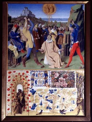 Sankt Stefans martyrskap genom stening Miniatyr hämtad från "The Book of Hours of Etienne Chevalier" av Jean Fouquet (1420-1477/1481)