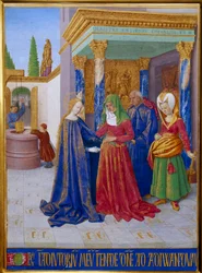 Visitation. Möte mellan Jungfru Maria och Saint Elizabeth. Miniatyr i "" Les Hours d
