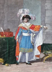 En av de fem medlemmarna i Directoire-periodens verkställande katalog (1795-99) i högtidsdräkt (färgad gravyr)