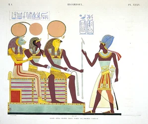 Fresk från Ibsambul föreställande Ramesses II vänd mot (l till r) Sekhmet, möjligen en gudomlighet av Ramesses II och Re-horakhty