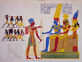 Ramses II före triaden, fresk från den östra väggen i Abu Simbels stora sal, från monumenten i Egypten och Nubia