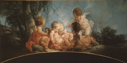 Grupp om fem älsklingar som leker med duvor, ca 1761 (dörr överst)