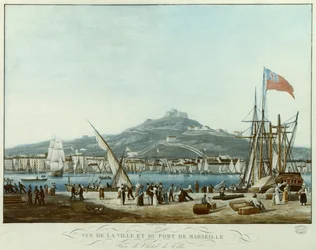 Utsikt över staden och hamnen i Marseille från stadshuset, ca 1815-30 (akvatint)