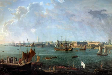 Utsikt över hamnen i Lorient på 1700-talet Detalj av en målning av Jean Francois Hue (1751-1823) Paris, Musee de la Marine