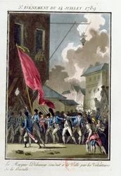 Markis Bernard René Jordan de Launay (1740-89), guvernör för Bastiljen, förs till Hôtel de Ville den 14 juli 1789