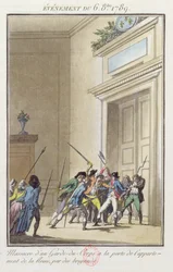 Mobb av parisare som attackerar och dödar vakten vid ingången till drottningens lägenheter i Versailles 6 oktober 1789