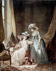 Den svåra bekännelsen. En tjänare som hör hennes älskarinna. Tryck av Jean Francois Janinet (1752-1814)