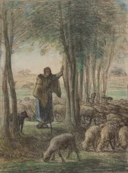 En herdinna och hennes hjord i trädens skugga, 1854-55