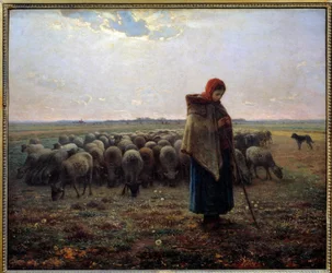 Bergere och hans får kallade den store herden. Målning av Jean Francois Millet (1814-1875)