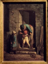 Moderns försiktighetsåtgärd. En mamma får sin son att kissa framför en dörr. Målning av Jean Francois Millet (1814-1875)