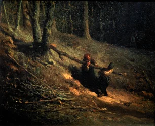 Bondflickor med Brushwood Les Charbonnieres, c1852