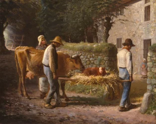 Bönder som hämtar hem en kalv född på fälten, 1864.