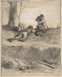 Vägarbetare vid lunch, ca 1850-52 (conte krita med gouache, på lagt papper)