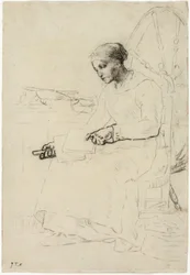 The Wool Carder (recto); Fragmentär skiss av mannen som står vid staket (verso)
