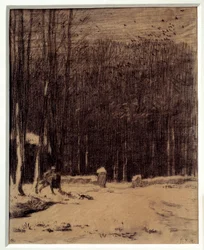 Ingången till Barbizonskogen, snöeffekt. Teckning med svart blyerts. Mått: 0,28 x 0,22 m. Paris, Musée d