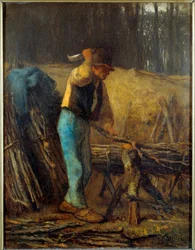 Vedklyvaren En skogsman med en machete skär grenar av ett träd i buntar. Målning av Jean Francois Millet (1814-1875) 1800-talets sön. 0,38x0,29 m