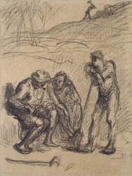 Tre bönder vilar, en lutad på en spade, c1850-1851