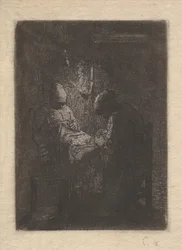 Två kvinnor som syr av Lamplight, ca. 1853.
