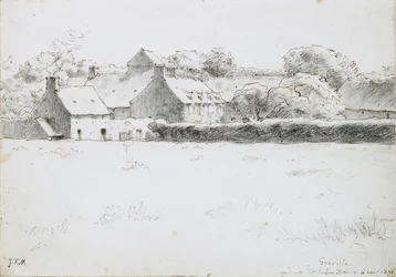 View of Farm Buildings across a Field, 1871 (grafit med svart krita, penna och bläck och krita på papper)
