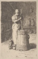 Kvinna som kärnar smör, ca 1855-56 (etsning)
