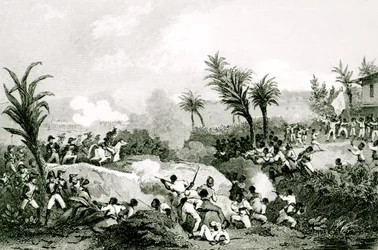 Svart revolt i Santo Domingo, 16 september 1802, från "Histoire Universelle du XIXe siecle", efter Martinet