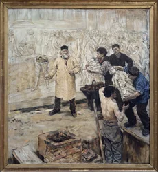 Hos skridskoåkaren. Oljemålning på duk av Jean Francois Raffaelli (1850-1924), grundaren Eugene Gonon (1814-1892) förbereder den förlorade vaxavgjutningen av den stora reliefen gjord av Jules Dalou (1838-1902) för Palais Bourbon i Paris (Chamber of Deputer