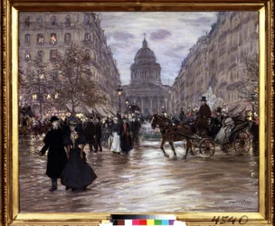 ""Boulevard Saint Michel"" Utsikt över rue Soufflot och Pantheon från Luxembourgträdgården och boulevard Saint-Michel i Paris, taxibilar och eleganta par livar upp gatan när natten faller. Målning av Jean Francois Raffaelli (18