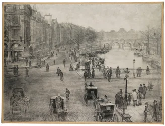 Paris, Place de Saint Michel med Quai des Grands Augustins och Pont Saint Michel i förgrunden och Pont Neuf och Louvren i bakgrunden, ca 1900