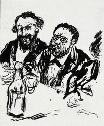 Målaren Edouard Manet (1832-1883) och författaren Emile Zola (1840-1902) vid bordet Karikatyr av Jean Francois Raffaelli (1850-1924)