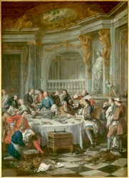 Ostronfrukost. En grupp adelsmän, uteslutande män, ägnar sig åt gastronomisk utsvävning med ostron och alkohol. Målning av Jean François de Troy (1679-1752), 1735. Sun. 1,80 x 1,26 m. Chantilly, Musée Condé - Ostronlunchen. En ostronlunch enbart för män: