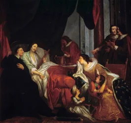 Saint Vincent de Paul (1581-1660) framför dödsbädden för kung Ludvig XIII Målning av Jean Francois de Troy (1679-1752) 1600-talets Paris. Lazaristiska uppdrag