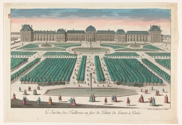 Utsikt över Jardin des Tuileries i Paris sett mot Palais du Louvren Le Jardin des Tuilleries en face du Palais du Louvre i Paris (titel på objektet)