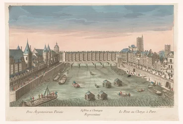 Utsikt över den bebyggda Pont au Change över floden Seine i Paris 84:e. Vue d