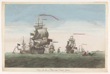 Havsutsikt med fartyg och båtar i vinden Vue de la mer au vent frais (titel på objekt)