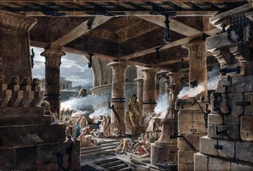 Arkitektonisk fantasi - interiörvy av ett egyptiskt tempel, 1803