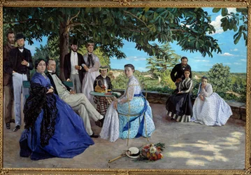 Familjesammankomst: porträtt av en fransk borgerlig familj samlad i en trädgård. Från vänster till höger: Jean Frederic Bazille, hans farbror Monsieur des Hours, hans mor och far, hans kusin Pauline och hennes make Monsieur Teulon, hans faster Madame des