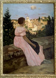 Rosa klänning eller utsikt över Castelnau le Lez (eller Castelnau-le-Lez, Herault). Porträtt av konstnärens systerdotter, Therese des Hours. Målning av Jean Frederic Bazille (1841-1870) 1864 sön. 1,4x1,1 m. Olja på duk. Paris, musee d