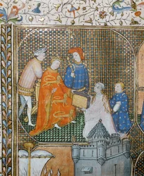 Historikern Froissart på knä, klädd i prästerlig dräkt, överlämnar sina krönikor om hundraårskriget till Edward III...