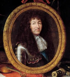 Porträtt av Ludvig XIV, kung av Frankrike (1638-1715) Detalj. Målning av Jean Garnier (1632-1705) 1600-talet. Mått 1,74 x 2,23 m