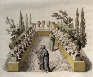 Physiognomy - Physiognomony - Flera filosofer som observerar och försöker penetrera olika fysiognomier - gravyr från 1808 i "Konsten att känna människor genom fysiognomi" av Johann Gaspar (Gaspard) Lavater (1741-1801) - 1806