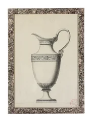 Design för en ewer med ett grekiskt maskhandtag (svart bly, penna och svart bläck, grått och svart tvätt på papper)