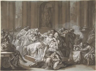 The Death of Seneca (penna & svart bläck, pensel och brun tvätt, förhöjd med vit gouache på blått papper)