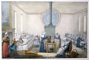 Barn hittade (barnhem) - Litografi av Marlet, sent 1800-tal