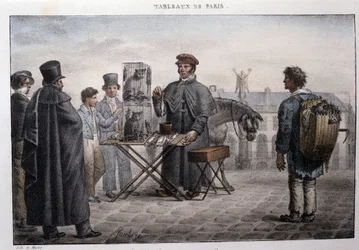 Tidigare gatumetier i Paris: råttdödshandlaren (camelot). Gravyr av Jean Henri Market (1771-1847) i "" Les Tableaux de Paris", serie med 72 tryck, sent 1800-tal.