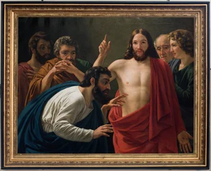 Sockenkyrka (Nederbrakel, Sockenkyrkan Sint-Pieter-in-de-Banden). Interiör. Målning. Aposteln Thomas. Jean-Henri DeCoene.