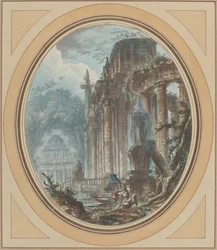 Trädgård Capriccio med antika ruiner