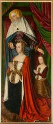 Anne de Beaujeu och hennes dotter Suzanne, med Sainte Anne, detalj. Triptyk av Moulins mästare