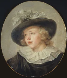 Tillskriven Fragonard - Porträtt av en ung pojke med fjäderprydd hatt, Omkring 1785